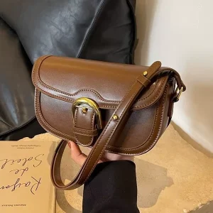 Women’s Vintage Brown Saddle Crossbody Bag High-Quality PU Leather Casual Shoulder Purse with Gold Hardware