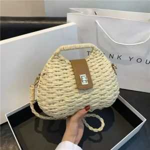 Women’s Vintage Lady Fashionable Summer Mini Beach Bag with Hand carry Zipper Design Hand woven Straw Bag Diamonds