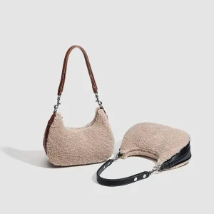 Women’s Winter Trendy Faux Shearling Saddle Large Capacity Waterproof Zipper Closure Shoulder Bag Underarm Crossbody Tote