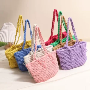 Women’s Woven Rope Beach Tote Bag Solid Color Beach Woven Shoulder Bag Custom Colorful Knitted Shopping Bag with Tassels