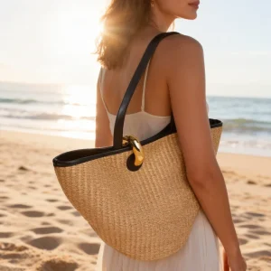 Woven Straw Tote Bag Raffia Bucket Bag with Leather Trim Large Capacity Summer Beach Shoulder Handbag