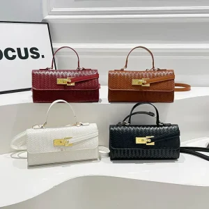 Woven Texture Handbag for Women PU Leather Shoulder Bag with Gold Lock Top Handle Office Casual