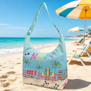 Y2K Aesthetic Souvenir Shoulder Bag with Custom City Print and Zippered Pocket for Beach and Summer Festivals