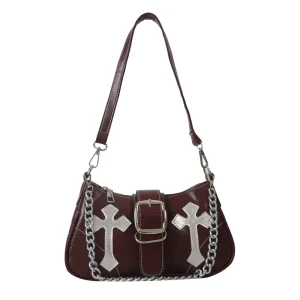 Y2K Girls Cool Chain Retro Female Clutch Handbags Simple PU Leather Women’s Small Shoulder Bag Single Handle Geometric Pattern
