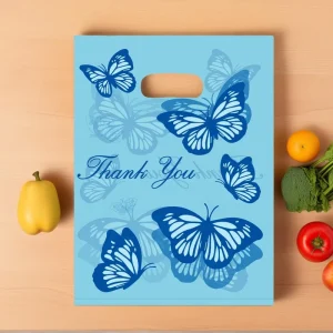 YC Custom Logo Blue Butterfly Thank You Clothing Packaging Bag Customized Plastic Bags Boutique Die Cut Shopping Bags