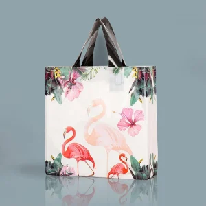 YC Factory Custom Flamingo Print LDPE Shopping Bags Glossy Soft Loop Handle Tropical Plastic Bags for Beach Vacation