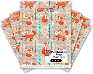 YC Factory Khaki Cute Fox Forest Print Customized Plastic Bags Die Cut Handle Eco Friendly Kids Party Gift Packaging