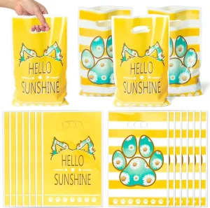 YC Factory Yellow Hello Sunshine Daisy Paw Print Customized Plastic Bags Die Cut Handle Eco Friendly Gift Shopping Packaging