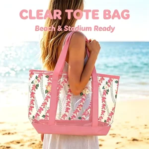 Zipper Closed Pvc Concert Bag Large Capacity Dirt Resistance Tote Hawaiian Puakenikeni Print Bag Carry All Clear Tote Bag