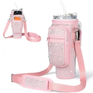 Zipper Pouch Neoprene 40oz Bling Rhinestone Tumbler Cup Crossbody Sling Water Bottle Carrier Bag with Shoulder Strap for Stanley