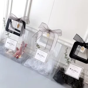 clear Laser PVC Tote Shopping Bags Custom logo PU Peach Handle Gift Bag for Wedding