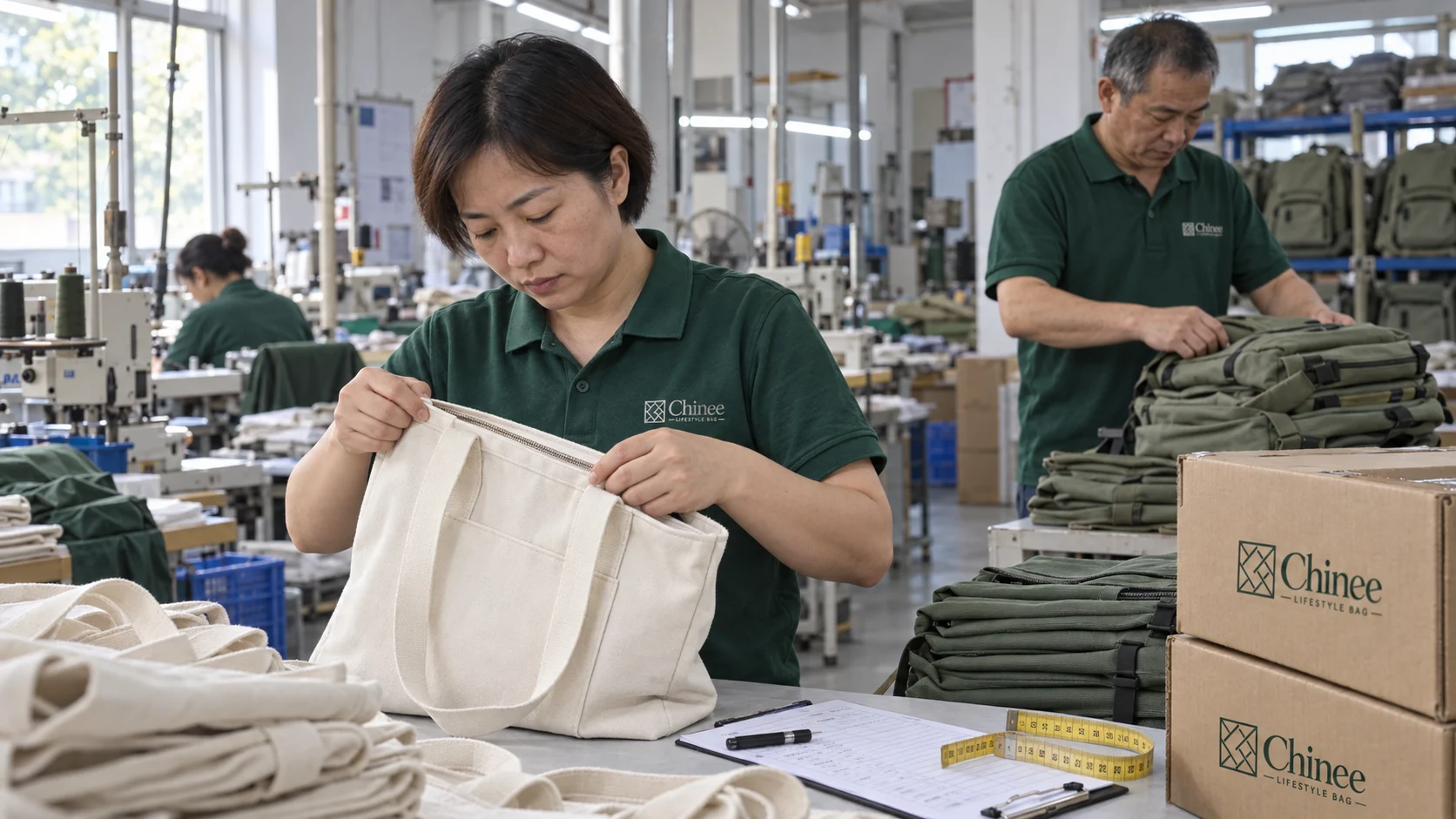 Quality Check & Packing — Chinee Lifestyle Bag manufacturing scene